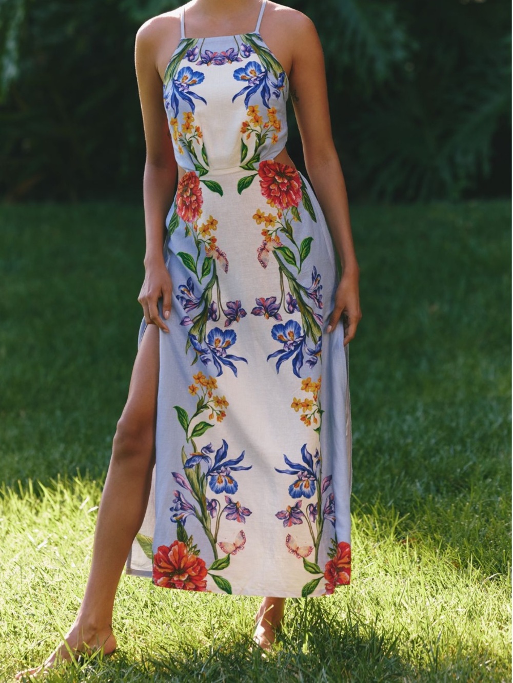 Celadine linen Blend Botanical Midi Dress